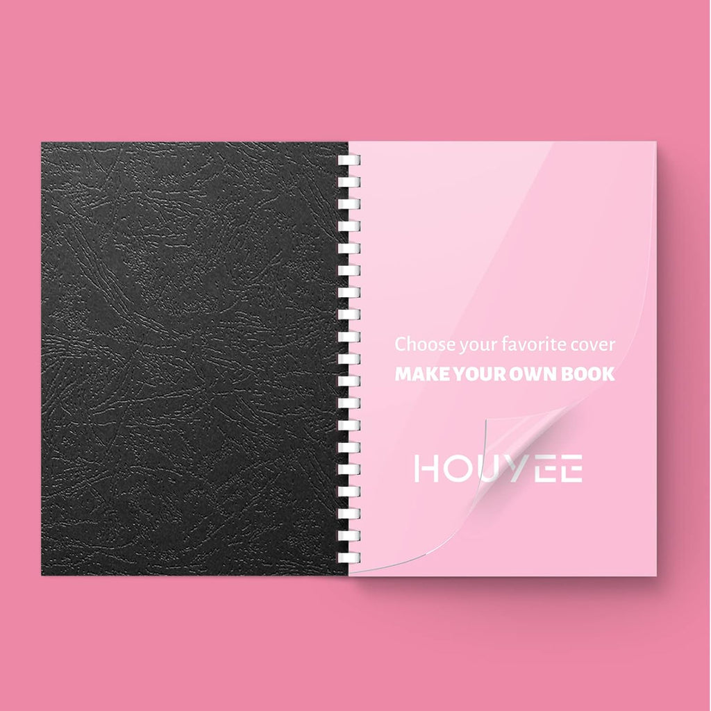HOUYEE Binding Covers and Combs Set, 8.5x11 Inches, Including 50 Pcs Leather Texture Paper Binding Covers, 50 Pcs 8 Mil Clear PVC Sheets and 20 Pcs Assorted Combs