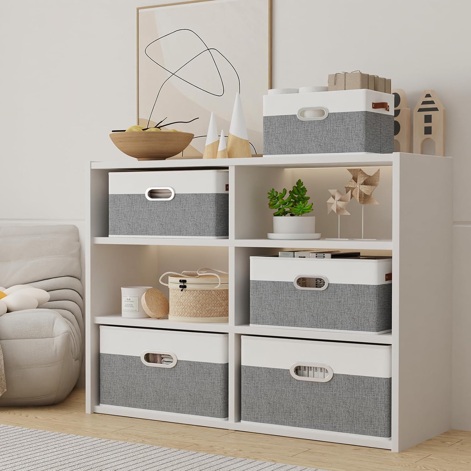 Yawinhe Fabric Storage Bins with Handles, Foldable Baskets for Shelves, Cubes with 3 Handles, Large Boxes for Clothes, White/Grey, 16.9''Lx11.8''Wx10.2''H, 6-Pack