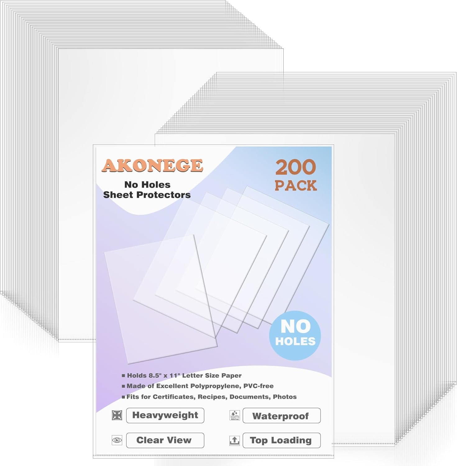 200 Pack No Holes Sheet Protectors 8.5 x 11 Inch Letter Size Page Protectors for Documents, Prints, Top Loading Heavyweight Clear View Plastic Sleeves for Papers, Artworks, Photos