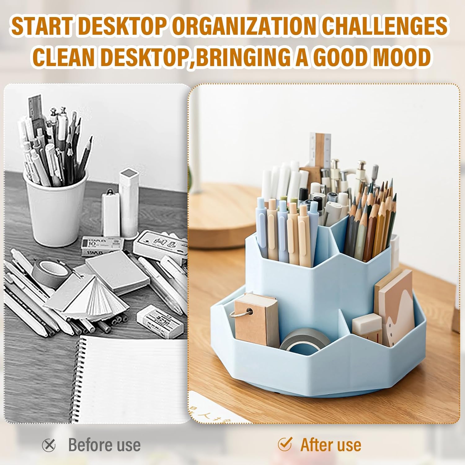 360 Degree Rotation Pen Holder,9 Slots Pencil Holder for Desk,Desk Organizer,Desk Accessories & Workspace Organizers,Apply Office, School, Home（Blue