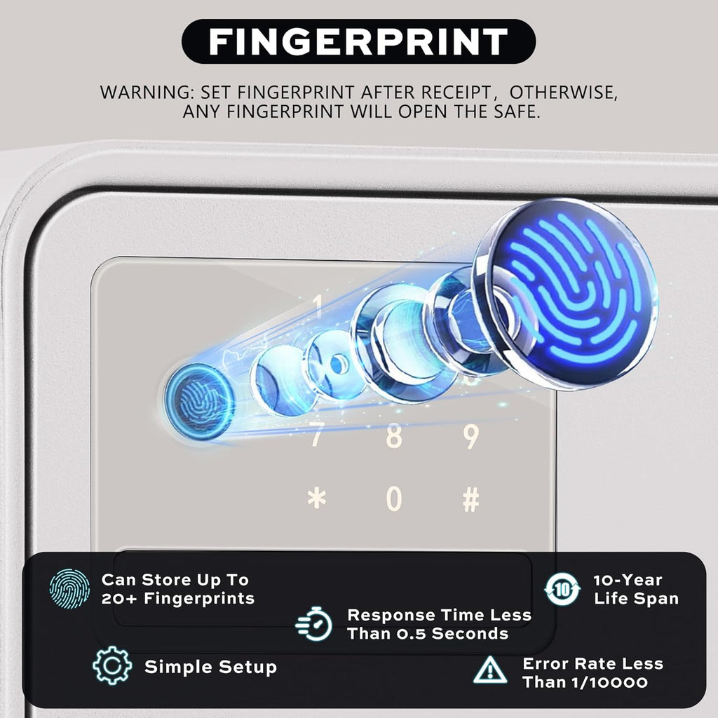 Biometric Safe for Home, 0.6 Cube Feet Auto-Open Fingerprint Safe with Touch Screen, Alarm System & Removable Shelf, Small Money Box for Cash, Jewelry, Documents, Home Office Use,White