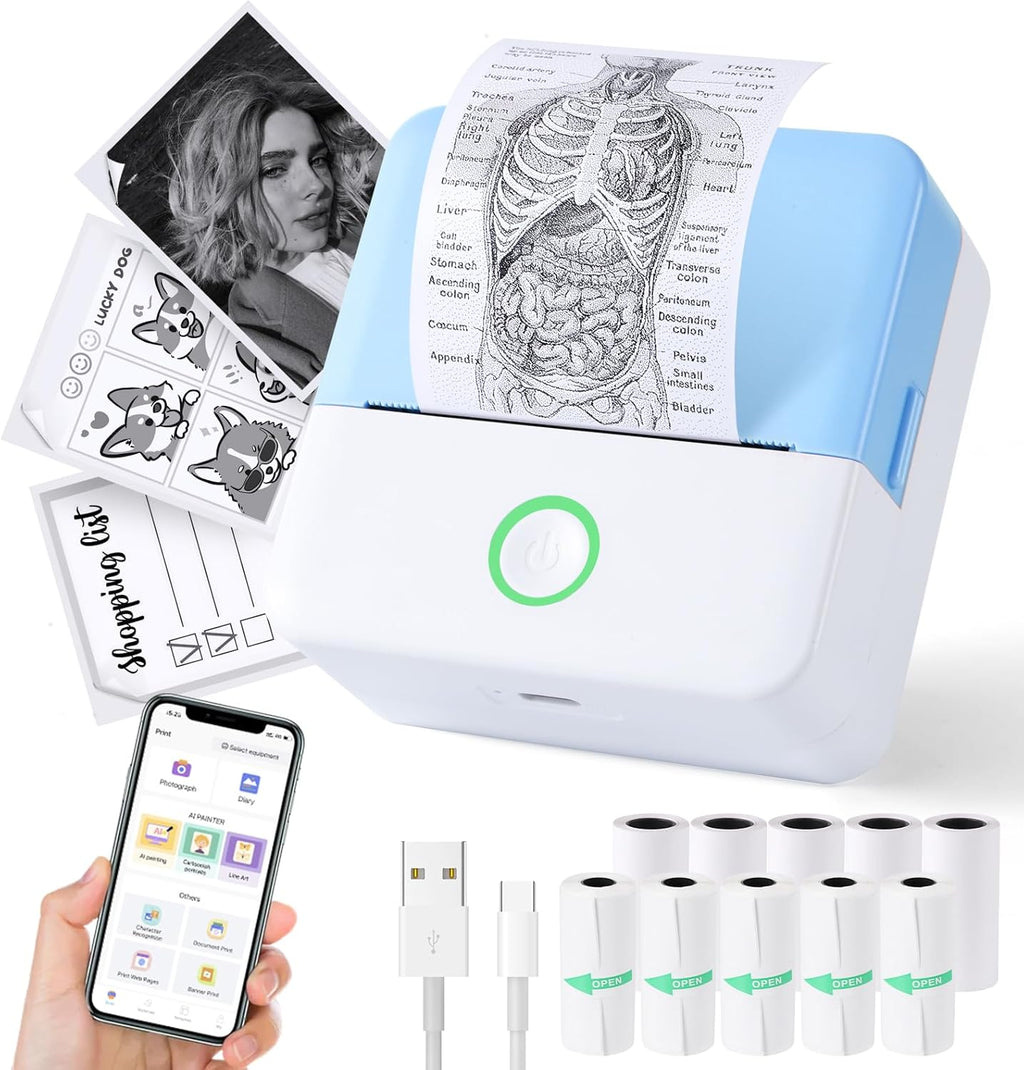 Print Pods Mini Printer, Thermal Inkless Sticker Maker with 10 Rolls Printing Paper, Pocket Printpod for phone, Impresora Portátil for Notes, Flashcards, Journal, DIY, Compatible with iOS & Android