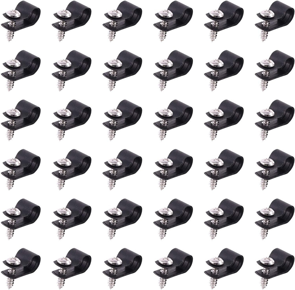 Swpeet 60 Pack Black 5/16 Inch Nylon Plastic R-Type Cable Clips Clamp Kit, Nylon Screw Mounting Cord Fastener Clips with 60 Pack Screws for Wire Management (5/16 Inch, Black)