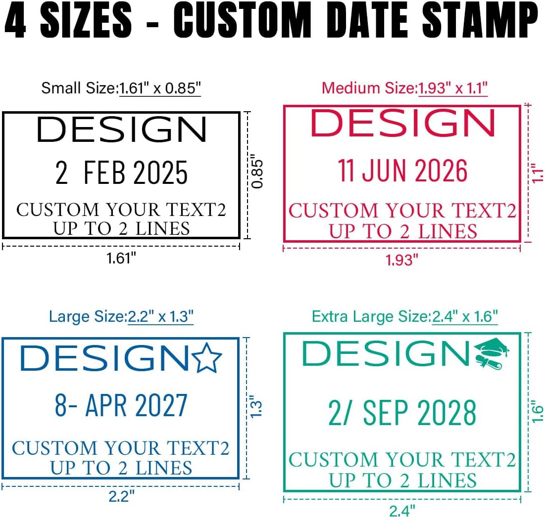Custom Date Stamp with Personalized Text, Professional Self Inking - 4 Sizes 5 Color Inks Refill, for Paid Received Entered Stamper