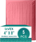 Levex - #000 4" x 8" [5 Pack] Pink Poly Bubble Mailers, Padded Envelope Mailers, Packing Envelope & Mailing Bags for Shipping