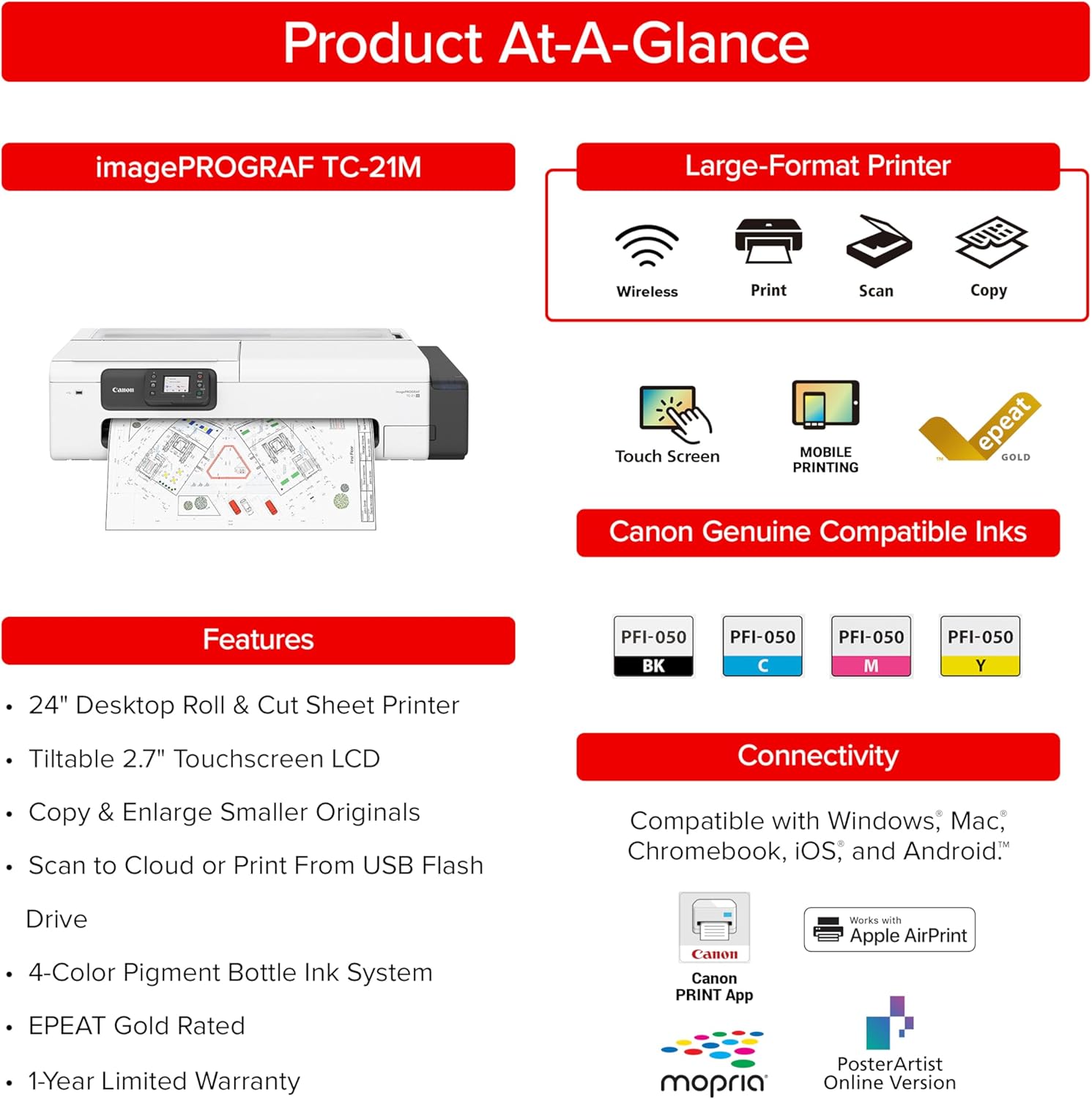 Canon imagePROGRAF TC-21M – Multifunction Printer| 24" Large Format Poster & Plotter Printer - Automatic Roll & Cut Sheet Paper Feeder, USB, Wi-Fi, LAN,White
