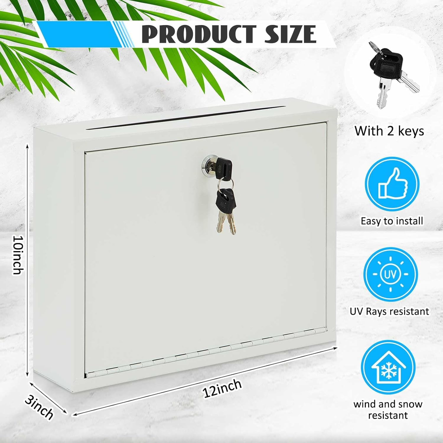 Metal Donation Box Suggestion Box with Slot and Lock-Cash for Money-Waterproof Drop Comment and Ballot Voting for Easy Wall mounting(White,12 x 10 x 3 Inches
