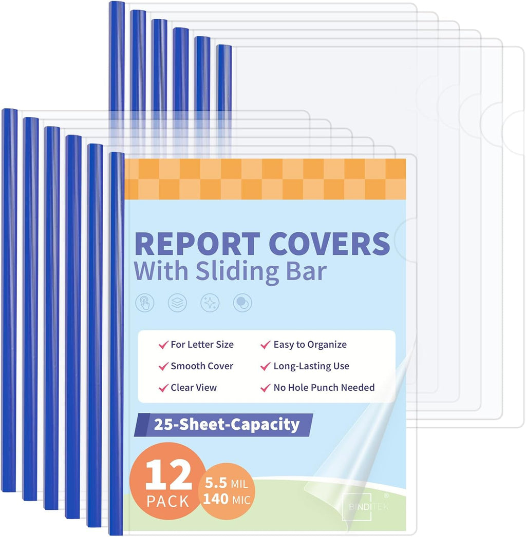 Binditek 12 Pack Clear Report Covers with Navy Sliding Bars, 25 Sheet Capacity, 5mm Binding Bars, Letter Size, 5.5 Mil Thick, for Students and Coworkers