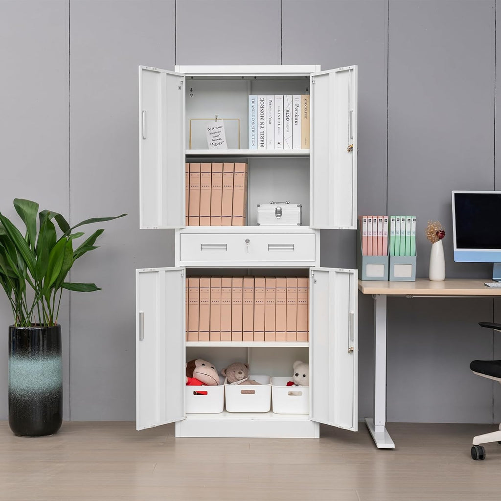 BESFUR Metal Cabinet, Garage Storage Cabinet with Drawer and Adjustable Shelves for Garage, Office, School - White