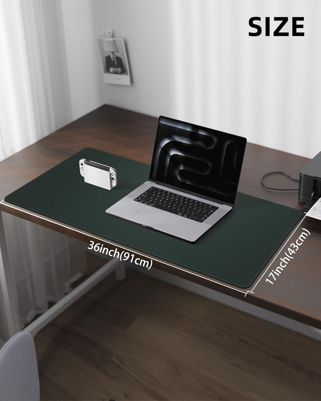 Leather Desk Pad Protector, Large Mouse Pad and Non-Slip Mat, Waterproof PU Leather Blotter Mat for Office and Home (Dark Green, 36" x 17")