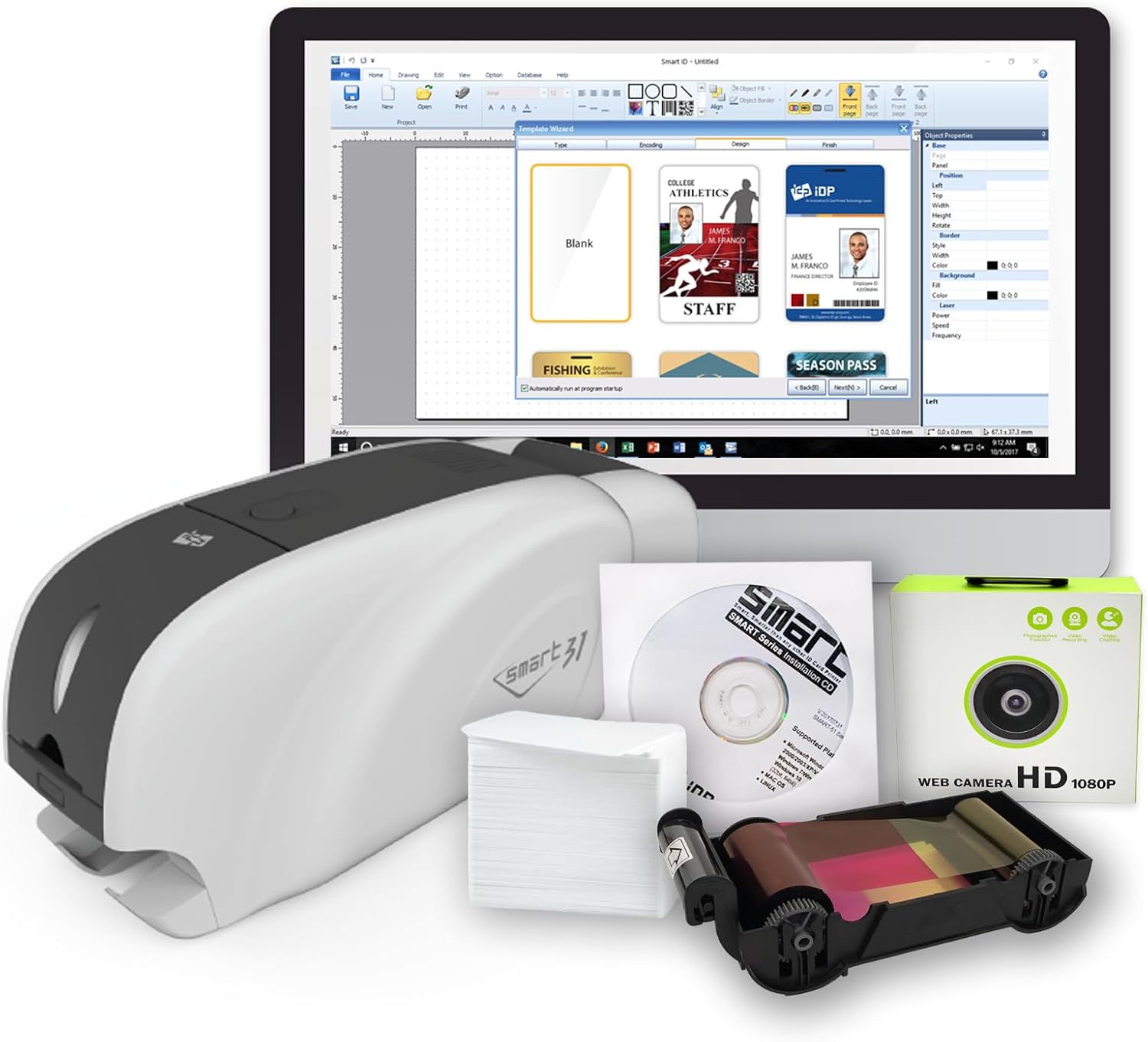 IDP SMART-31 Series ID Card Duplex Printer Bundle with USB Camera, Software, Manual and Guides - Includes 200-Print YMCKOK Color Ribbon and 100 PVC Plastic Cards - Now with SMARTMark Security
