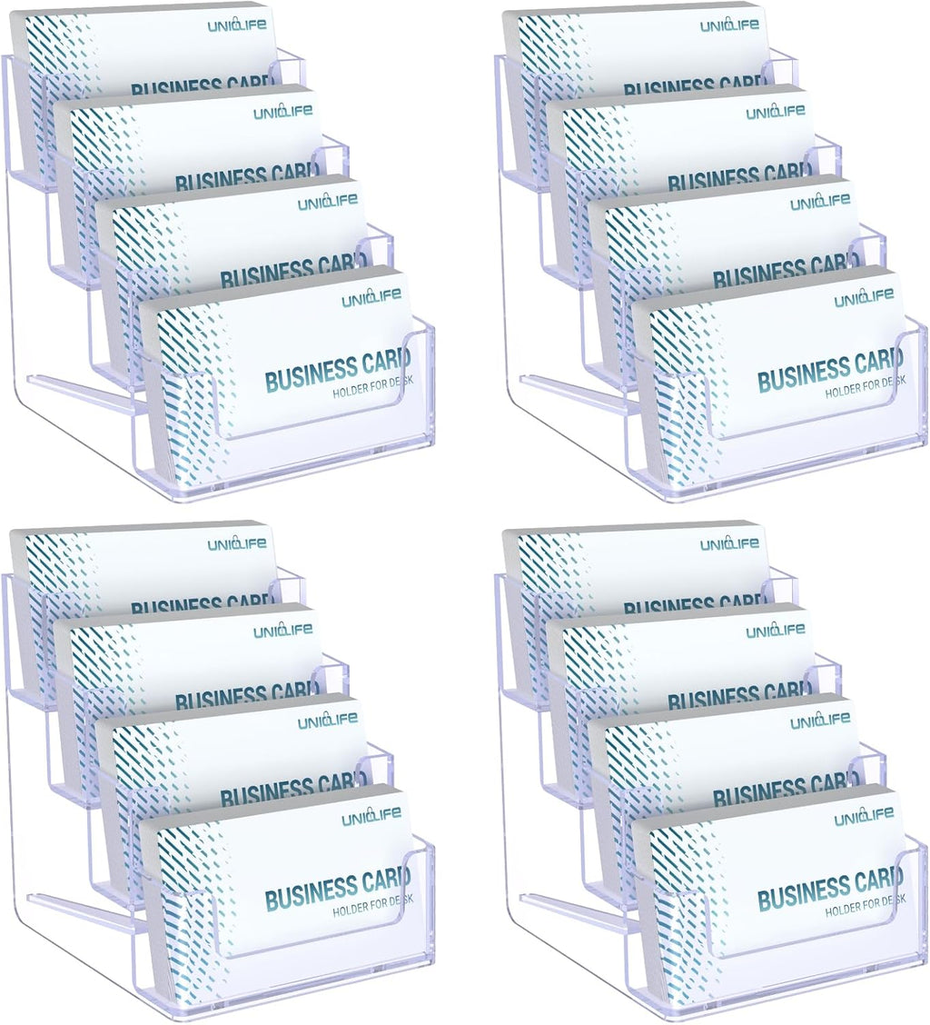 Uniclife 4 Pack Acrylic Business Card Holder for Desk 4 Slots Clear Business Card Display Stand for Men & Women Desktop Business Card Organizer Card Stand for Office Home Exhibition, 240 Card Capacity