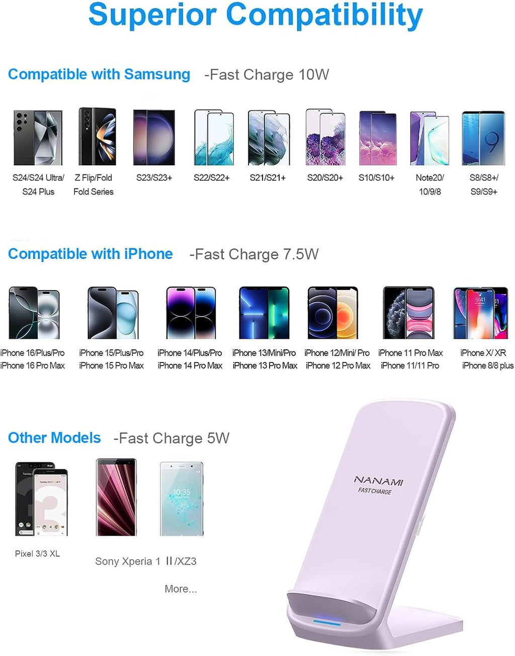 NANAMI Wireless Charger for Samsung and iPhone - 10W Fast Qi-Certified Induction Charger Stand for Galaxy S24/S23/S22/S21/S20/Note 20/10, Wireless Charging Stand for iPhone 17/17 Air/16/15/14/13/12