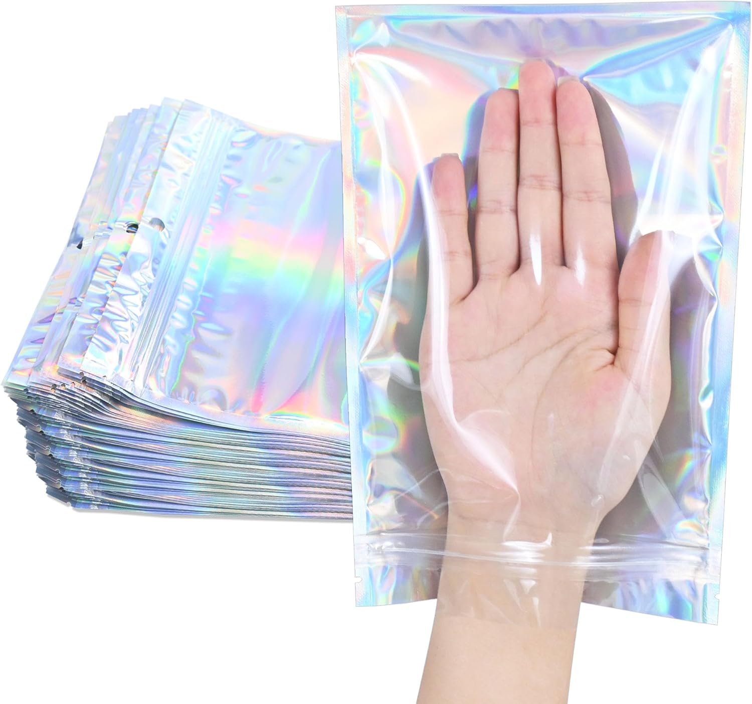 100 Pack Holographic Resealable Plastic Bags for Food Storage, Zipper Bags with Clear Front Window, Packaging Pouch for Small Business (100 Pack, 6.4x9.6 inch)