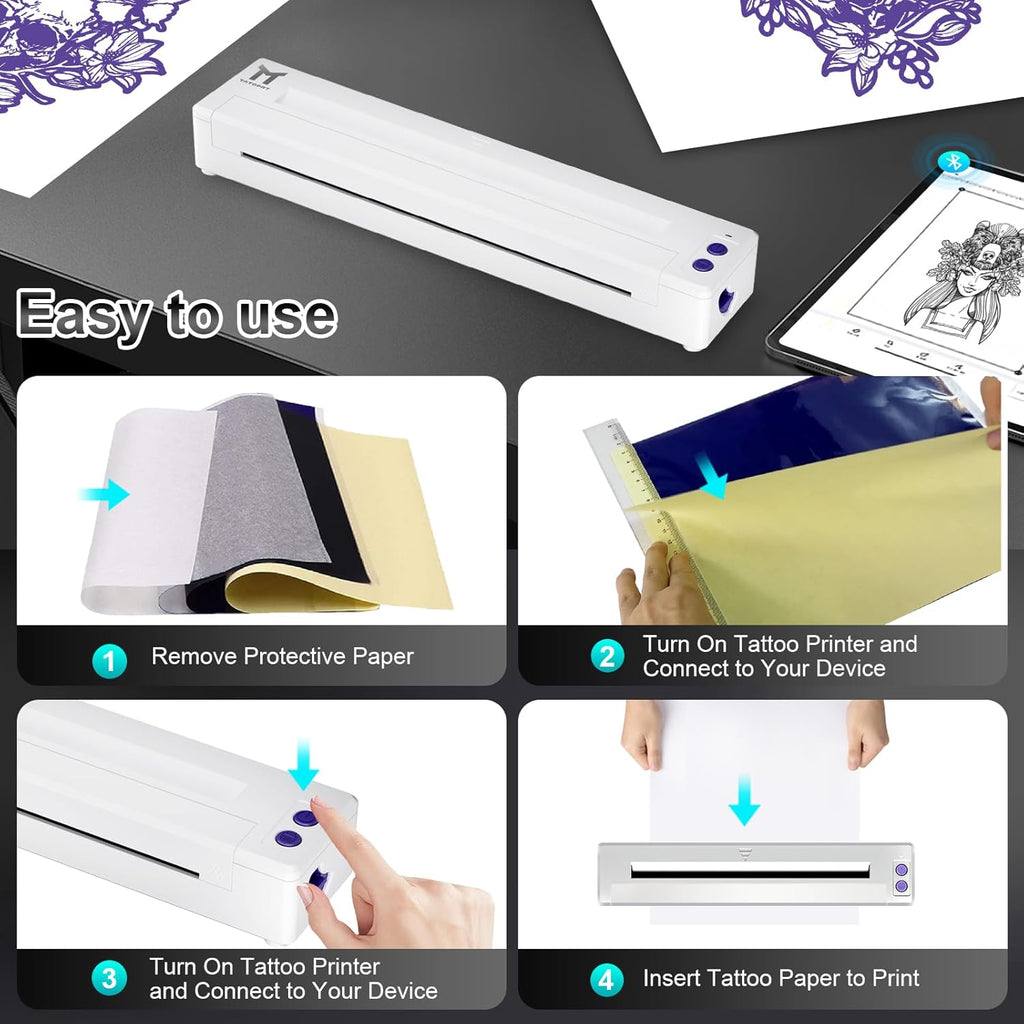 Tattoo Stencil Printer, P19 Wireless Thermal Temporary Tattoo Printer with 10pcs Transfer Paper, 2500mAh Portable Tattoo Machine Kit Compatible with Phone/Tablet/PC, White