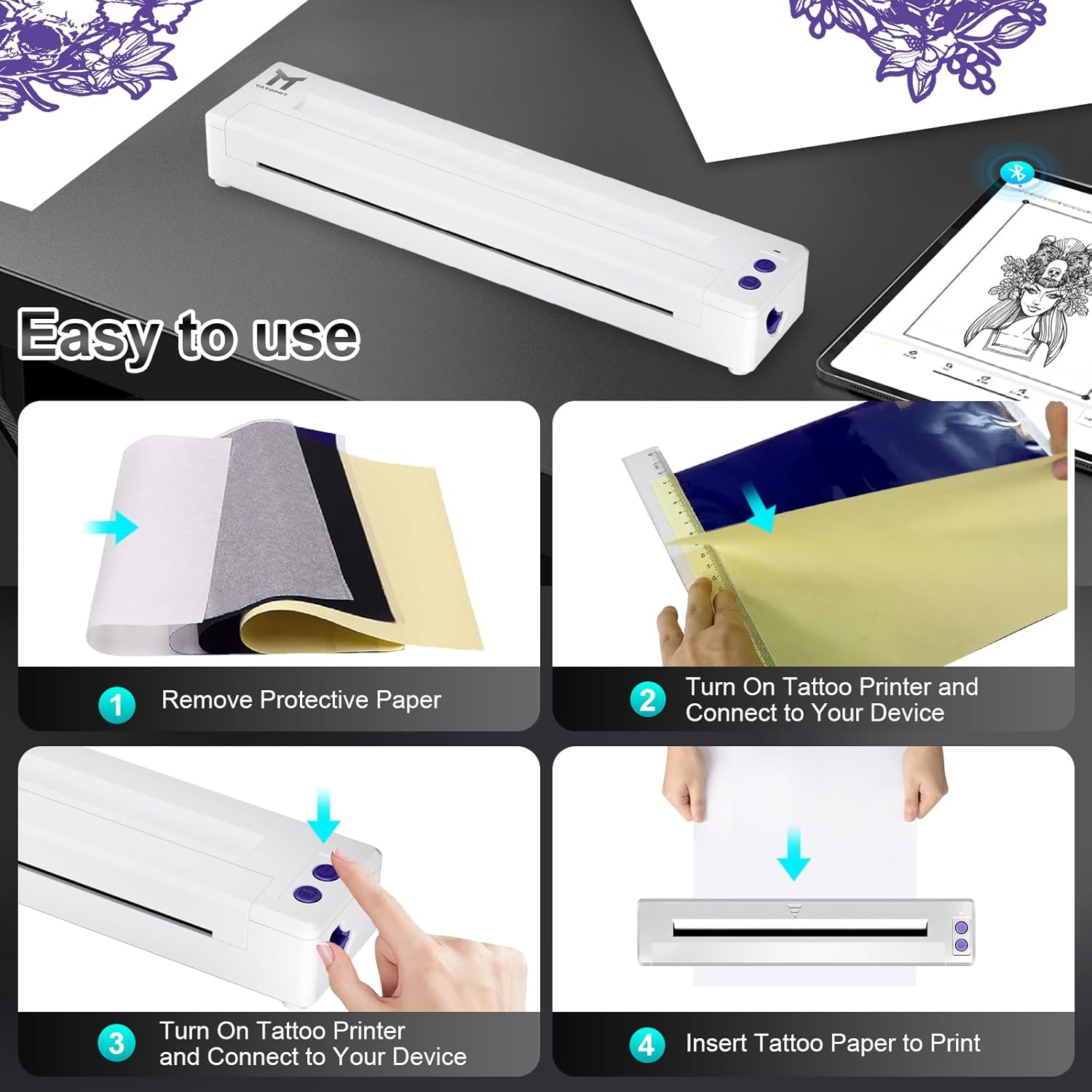 Tattoo Stencil Printer, P19 Wireless Thermal Temporary Tattoo Printer with 10pcs Transfer Paper, 2500mAh Portable Tattoo Machine Kit Compatible with Phone/Tablet/PC, White