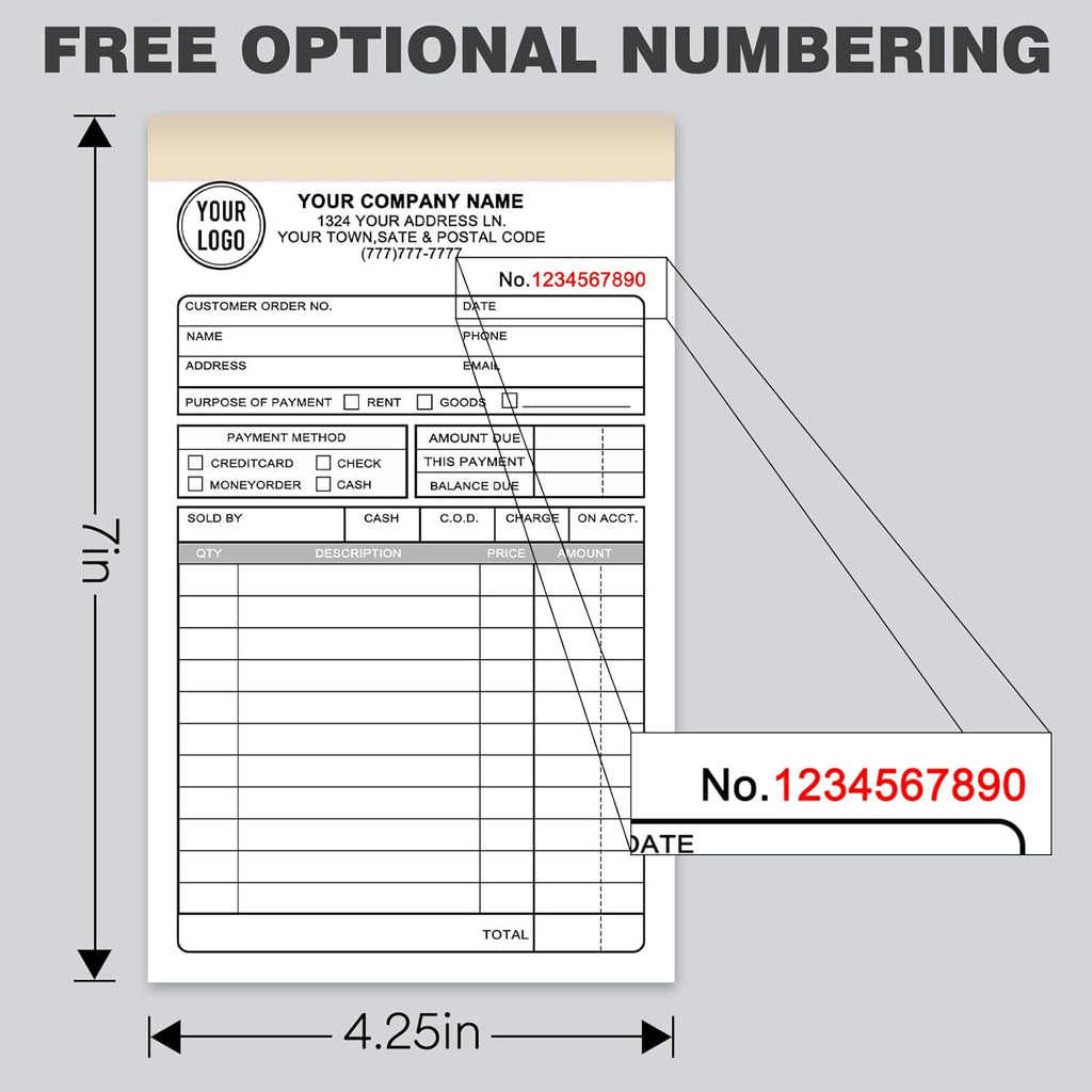 Custom Invoices Receipt Book for Small Business Personalized 3-Part Duplicate Carbonless Logo Receipt Books Sales Payment Forms with Company Name Address Phone Number 100 Sets 4.25" x 7"