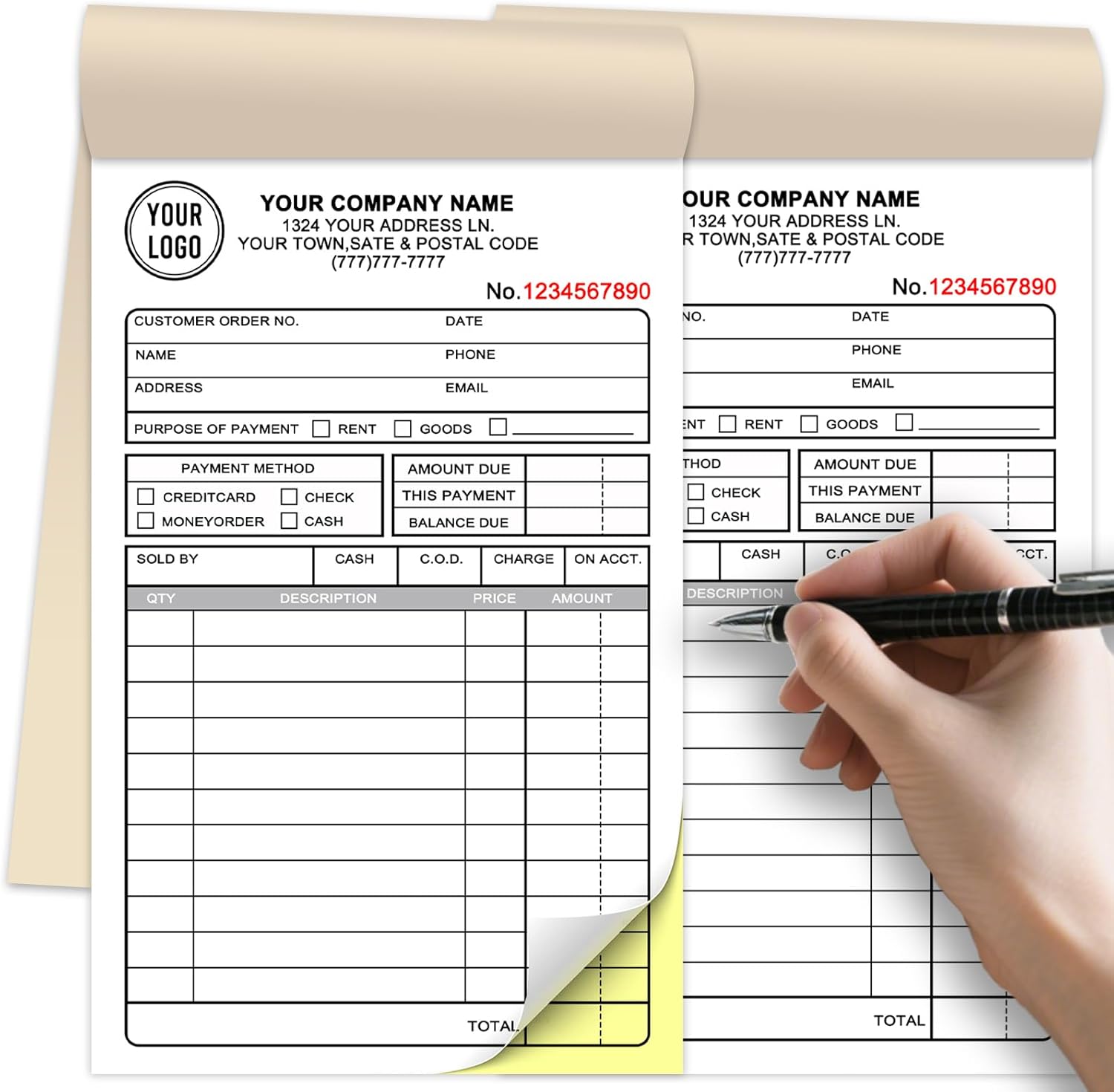 Custom Invoice Receipt Book for Small Business 4.25x7" Personalized 2-Part Contractor Duplicate Carbonless Sales Forms with Company Name Address Phone Number 100 Sets
