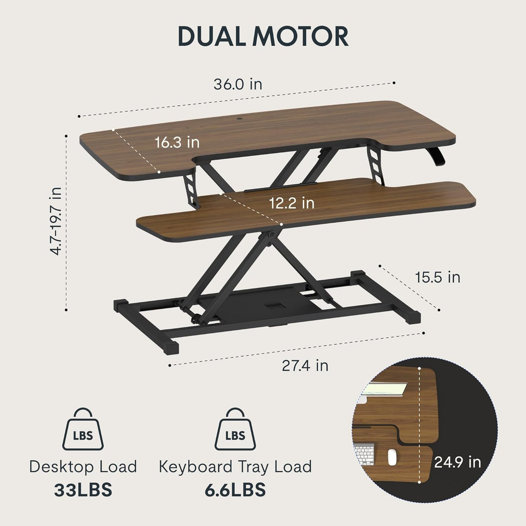 FLEXISPOT Standing Desk Converter 36in Sit to Stand up Riser Height Adjustable Monitor and Laptop Workstation with Spacious 2-Tier Desktop, Walnut Color