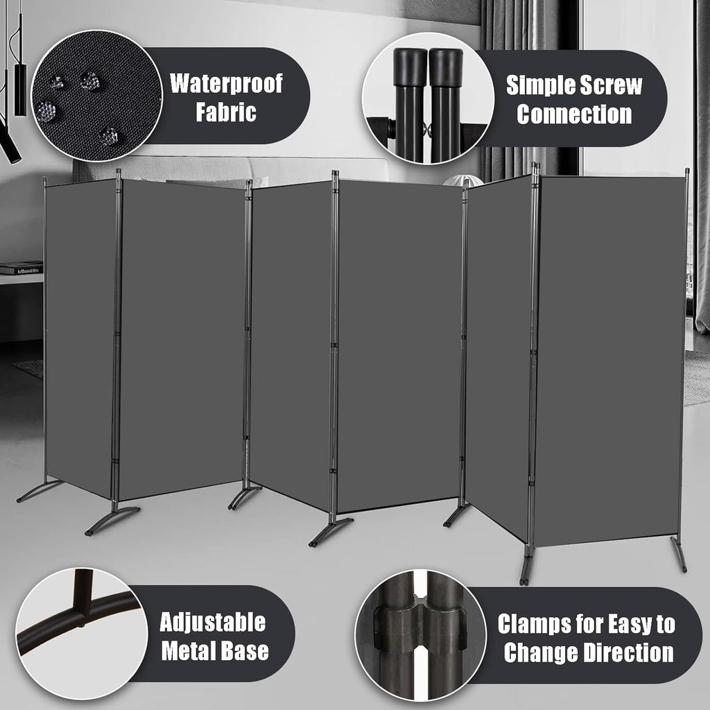 Room Divider-6 Panels Grey Folding Privacy Screens, 6 ft Partition Room Dividers Wall for Separation, Home, Office, Classroom, Studio