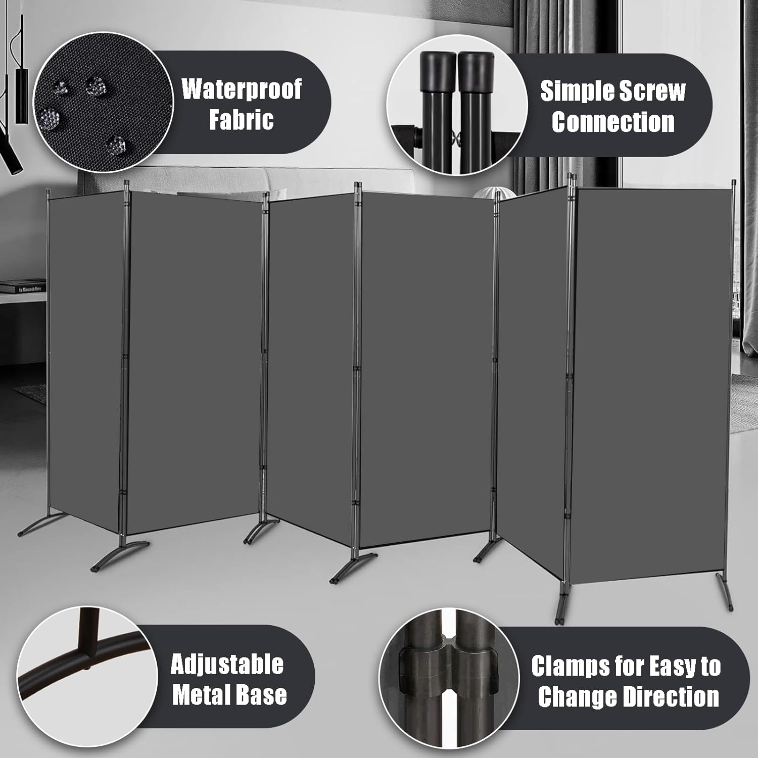 Room Divider-6 Panels Grey Folding Privacy Screens, 6 ft Partition Room Dividers Wall for Separation, Home, Office, Classroom, Studio