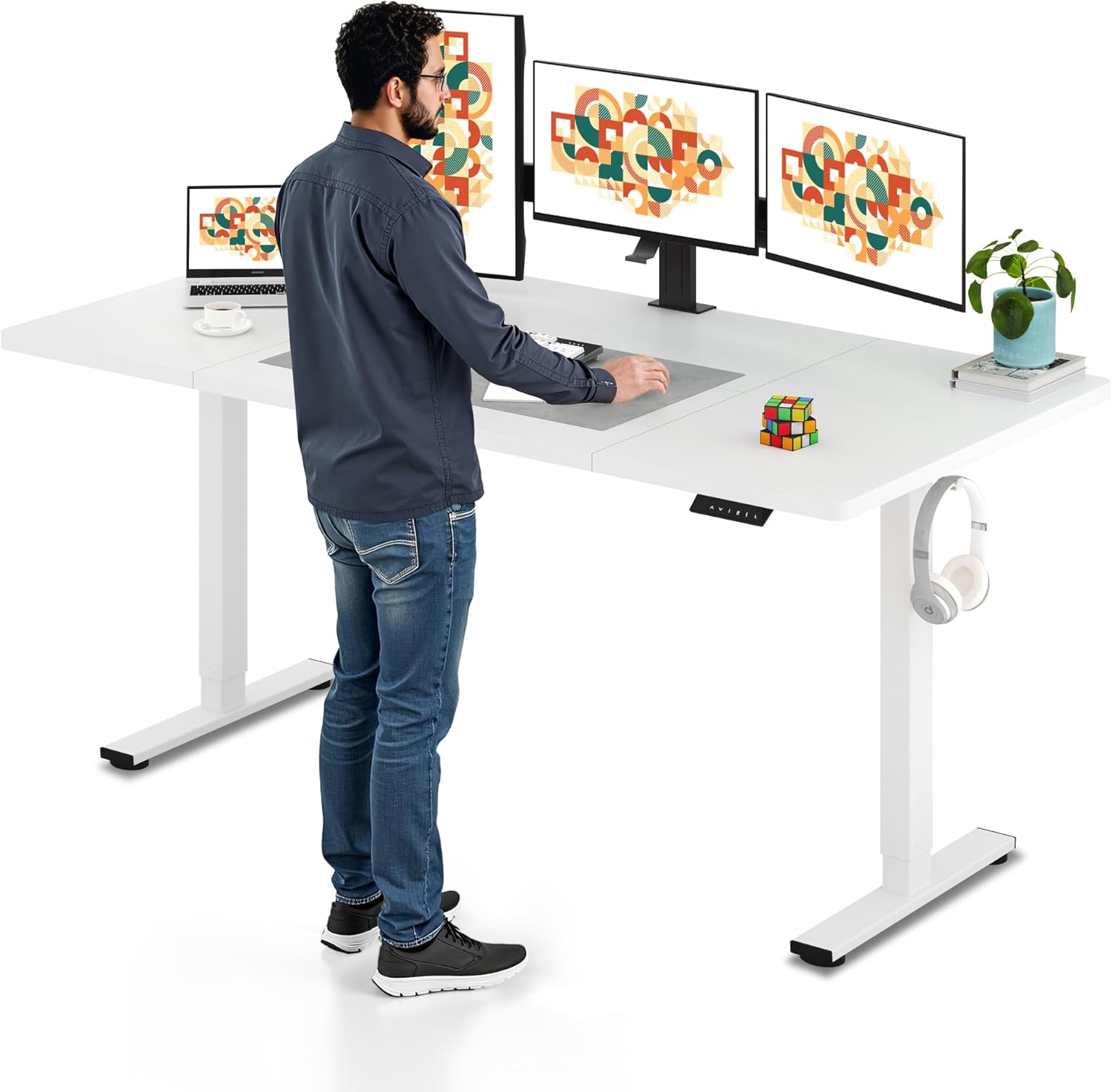 SANODESK Electric Standing Desk 71 x 32 Inches Height Adjustable Stand Up w/6-Button Controller Ergonomic Computer Desk with Splice Board for Home Office, White Frame + White Tabletop