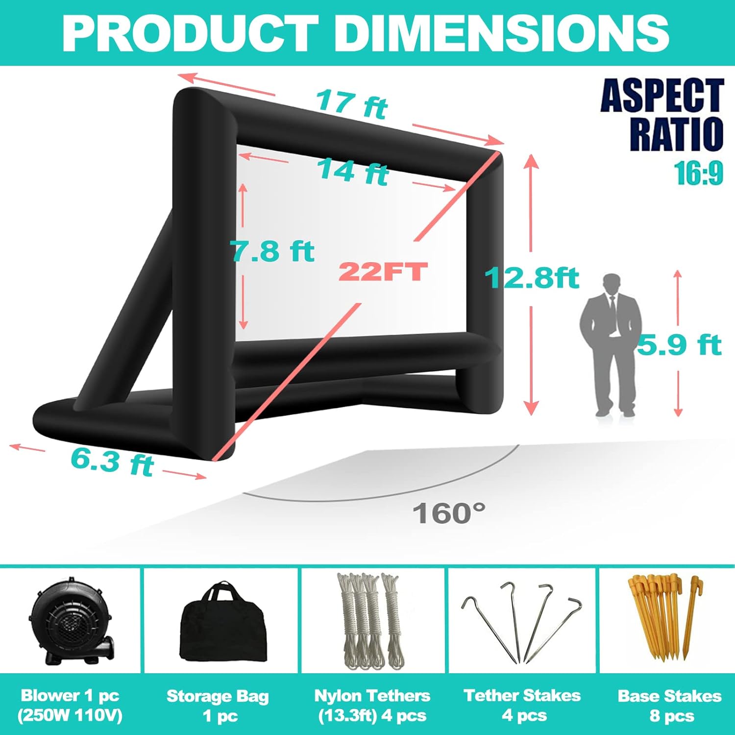 22 feet Projector Screen - Inflatable Outdoor and Indoor Theater Movie Screens - Includes Rope, Blower,Tent Stakes - Great for Outdoor Party Backyard Pool Fun