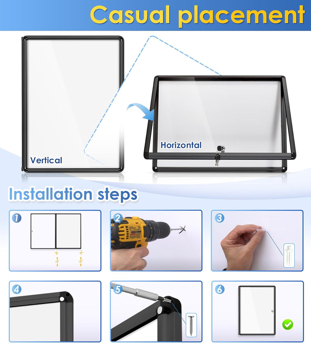 SWANCROWN Enclosed Notice Board Magnetic Bulletin Boards for Office with Locking Door,Black Frame, 26x20inch(4XA4