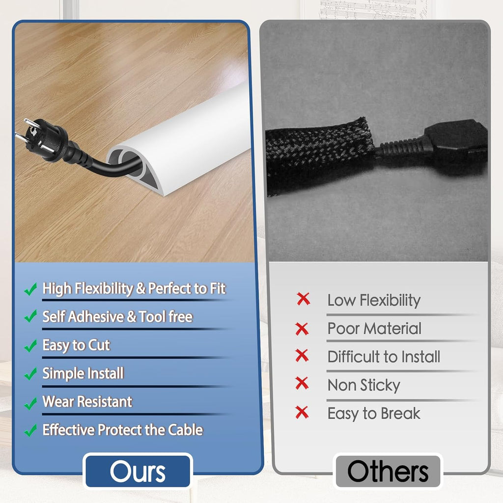 Floor Cord Cover for Wires on Floor Self Adhesive Cord Hider Floor Cable Management Wire Covers for Cords Protector Prevent Cable Trips Cord Cavity W 0.32" x H 0.32", White, 3.3Ft
