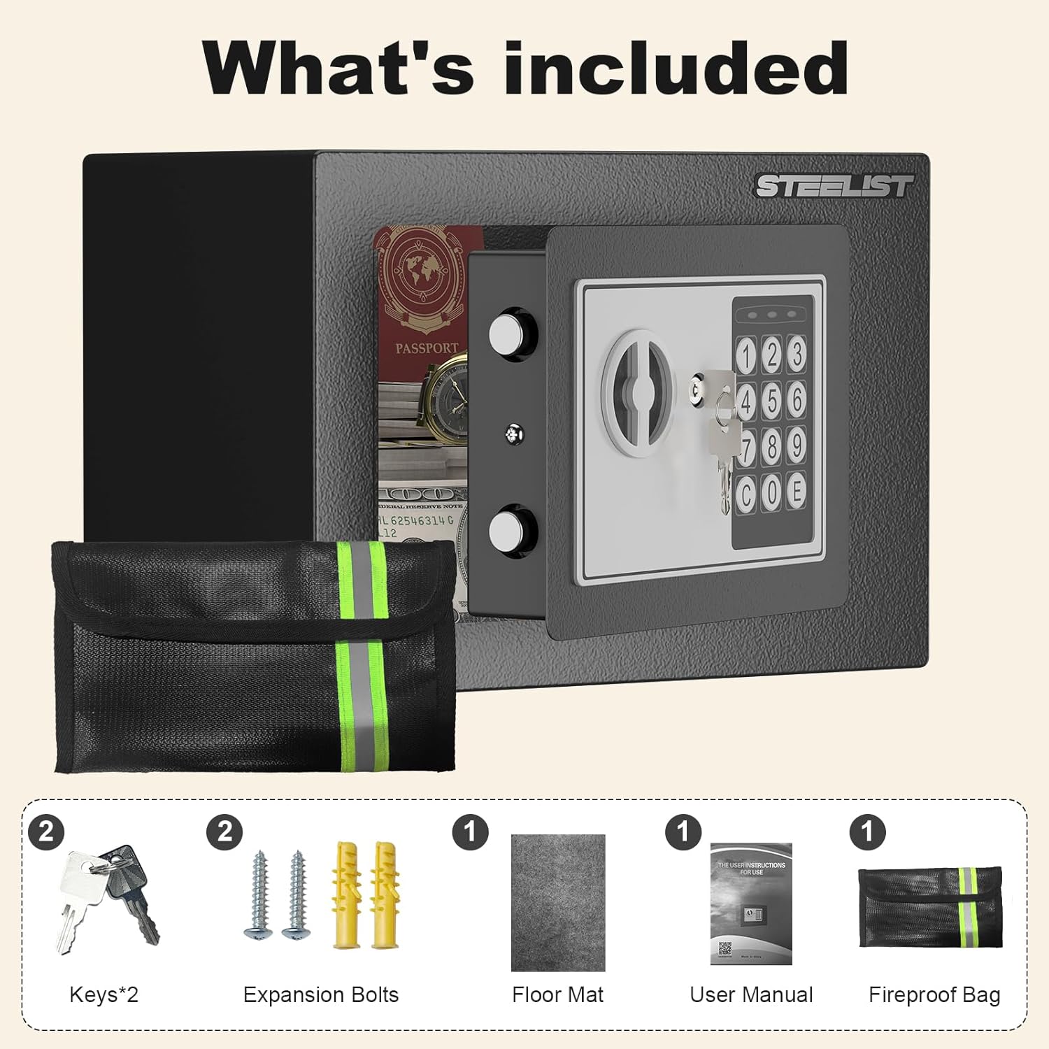 Small Safes with Fireproof Bag, 0.23 Cubic Fireproof Safe for Home, Safety Box with Key, Black Digital Security Safes, Fire Proof Safe for Jewelry, Cash, Personal Box for Hotel, Busines