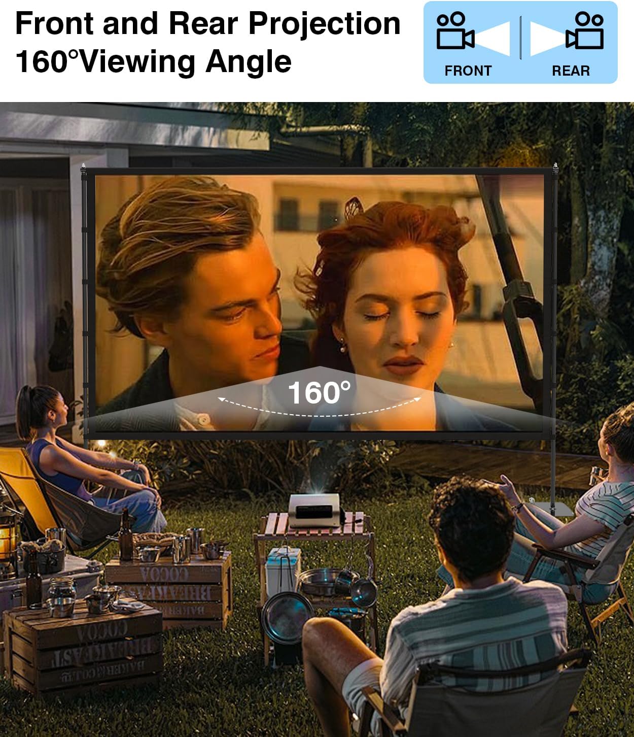 Outdoor-Projector-Screen-with-Stand - 120 inch Portable Projector Screen Indoor Outdoor Projector Screens 16:9 4K HD Lightweight Movie Screen with Carry Bag for Backyard Movie Night