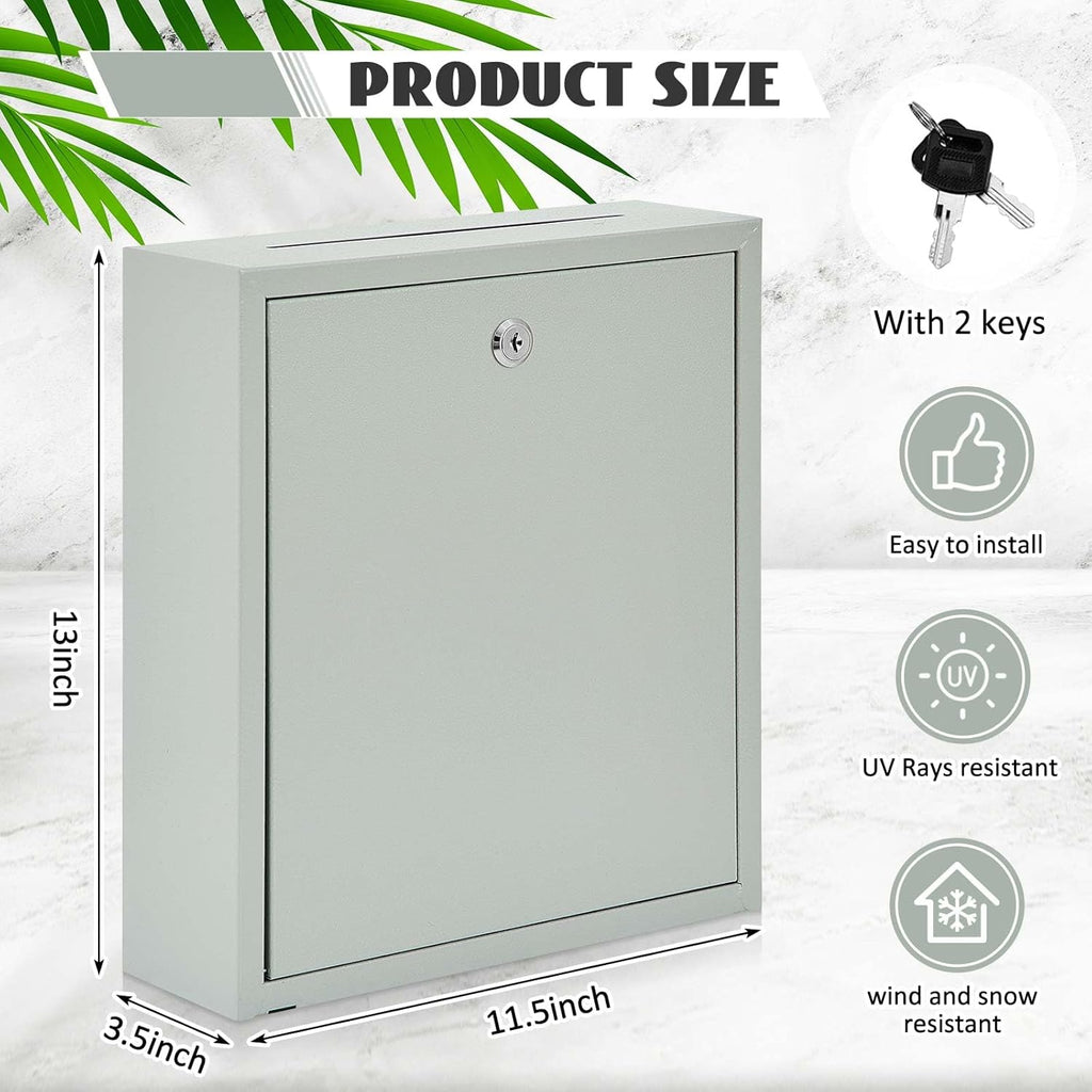 Metal Donation Box Suggestion Box with Slot and Lock-Cash for Money-Waterproof Drop Comment and Ballot Voting for Easy Wall mounting(Light Gray,13 x 11.4 x 3.5 Inches)