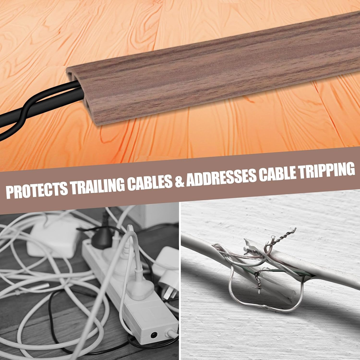 Floor Cord Cover Self Adhesive Cord Hider,10FT Cable Management, Extension Strip Protector for Wires, Prevent Cable Trips for Offices, Gyms, Exhibitions Cavity:0.3"(W) x 0.28"(H) Wood Walnut