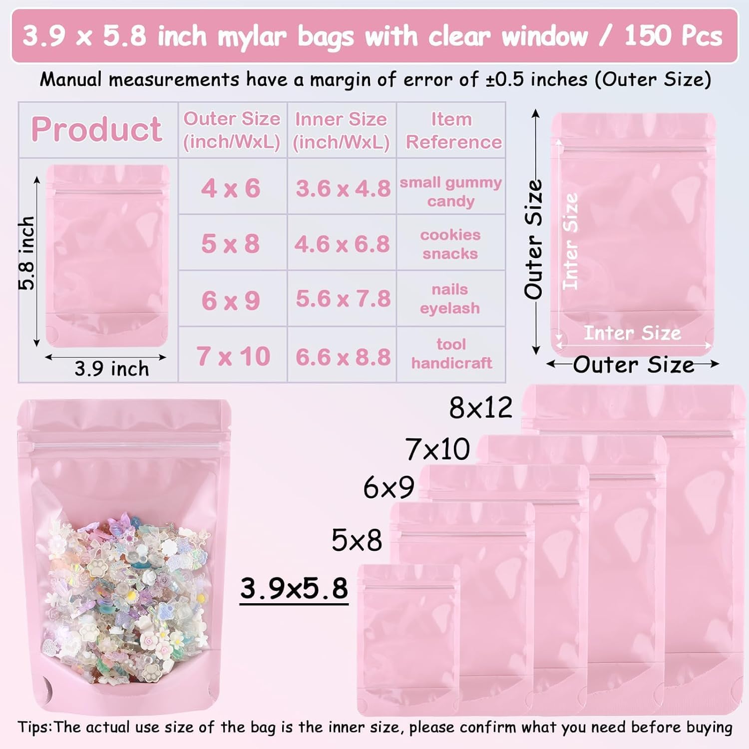 150 Pcs 4x6 Mylar Bags for Food Storage Mylar Bags with Window Stand Up Pouches Small Resealable Smell Proof Bags Freeze Dried Candy Packaging Bulk