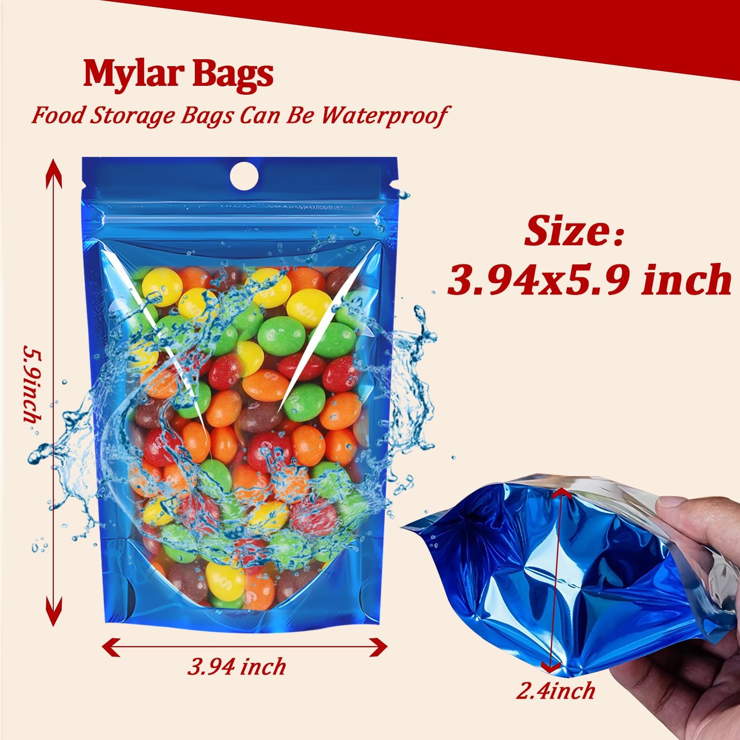 100 Pack Smell Proof Stand Up Mylar Bags with Resealable Zipper & Clear Window - 4x6 Inch Odor-Proof Aluminum Foil Pouches for Food Storage, Coffee, Cookies, Jewelry, Small Business Packaging (Blue)