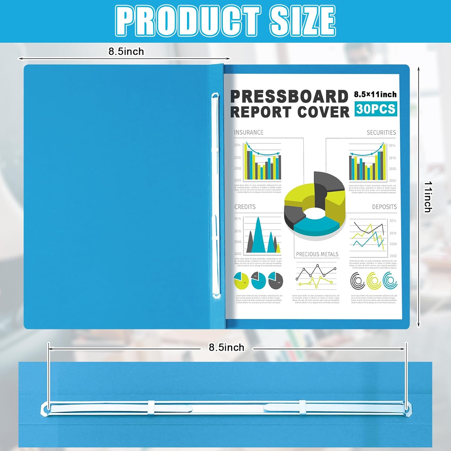 30 Pcs 8.5'' x 11'' Pressboard Report Cover, 3'' Capacity Metal Prong Fastener with Compressor, Letter Size, Presentation Folder to Neatly Bind Report, Proposal Document (Blue)
