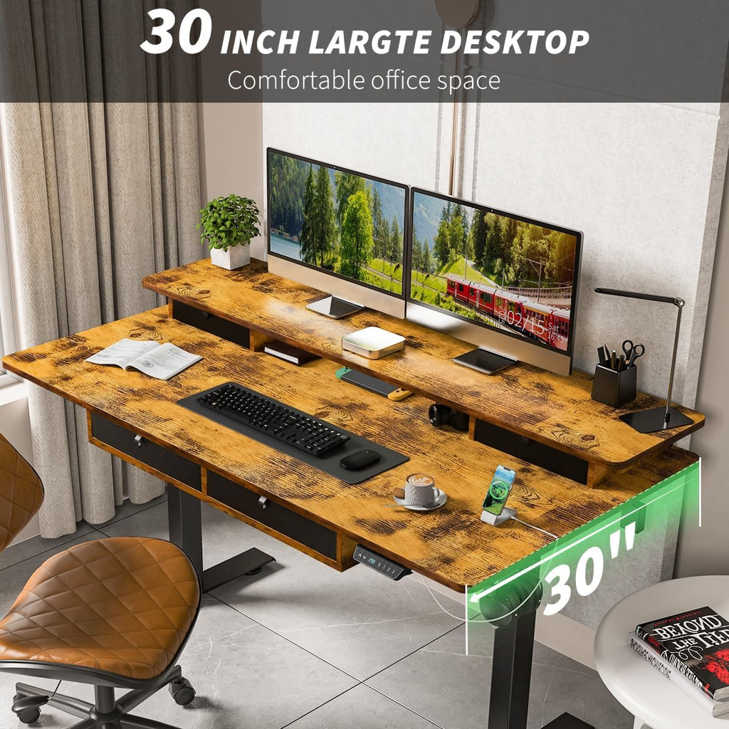 Standing Desk with Fast Charging USB Ports, 48" x 30" Height Adjustable Home Office & Gaming Desk, Sit Stand Desk with Built-in Storage Shelf, Hook & Ergonomic Design(Rustic Brown)
