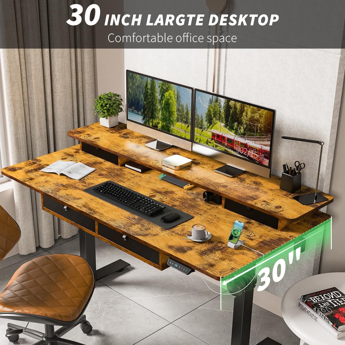 Standing Desk with Fast Charging USB Ports, 48" x 30" Height Adjustable Home Office & Gaming Desk, Sit Stand Desk with Built-in Storage Shelf, Hook & Ergonomic Design(Rustic Brown)