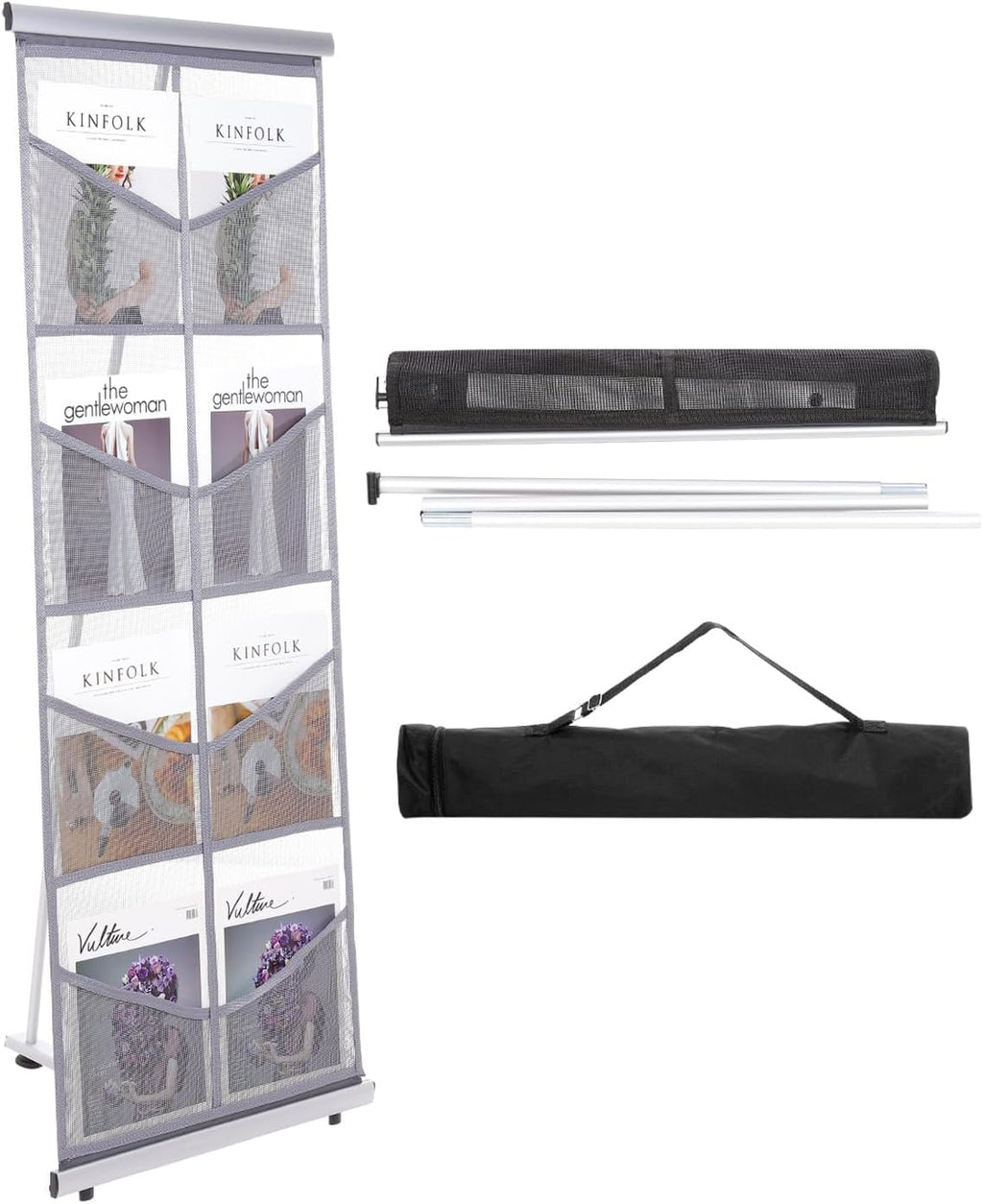 PATIKIL Portable Magazine Display Racks Floor Standing Double A4 8 Mesh Pockets Brochure Stand Catalog Literature Holder for Hotel, Exhibition, Office, Gray