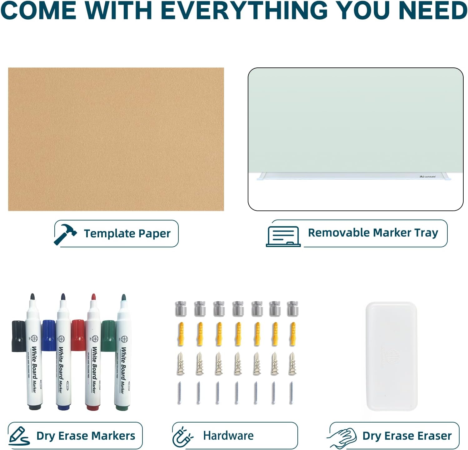 J&J worldwide Glass Whiteboard 6' x 3', Frosted Glass Dry Erase Board Non-Magnetic, Semi-Transparent, Includes Markers, Marker Tray, Eraser for Wall, Office, Home, School