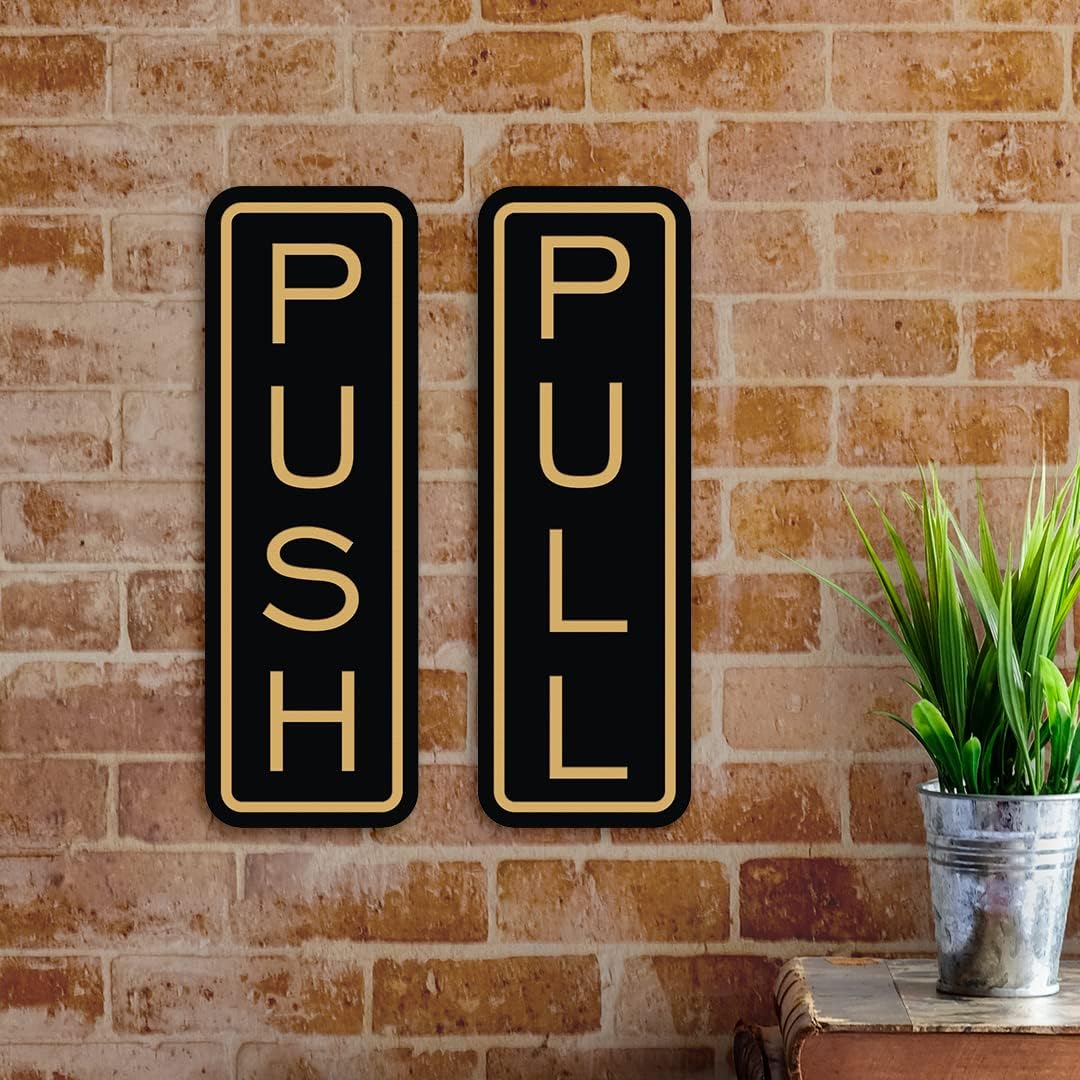All Quality Classic Vertical Push Pull Door Signs - Great for Glass Doors | Professional Looking Signs | Easy Installation Includes Double-Sided Foam Adhesive Tape (Black/Gold) - Small (10 Pack)