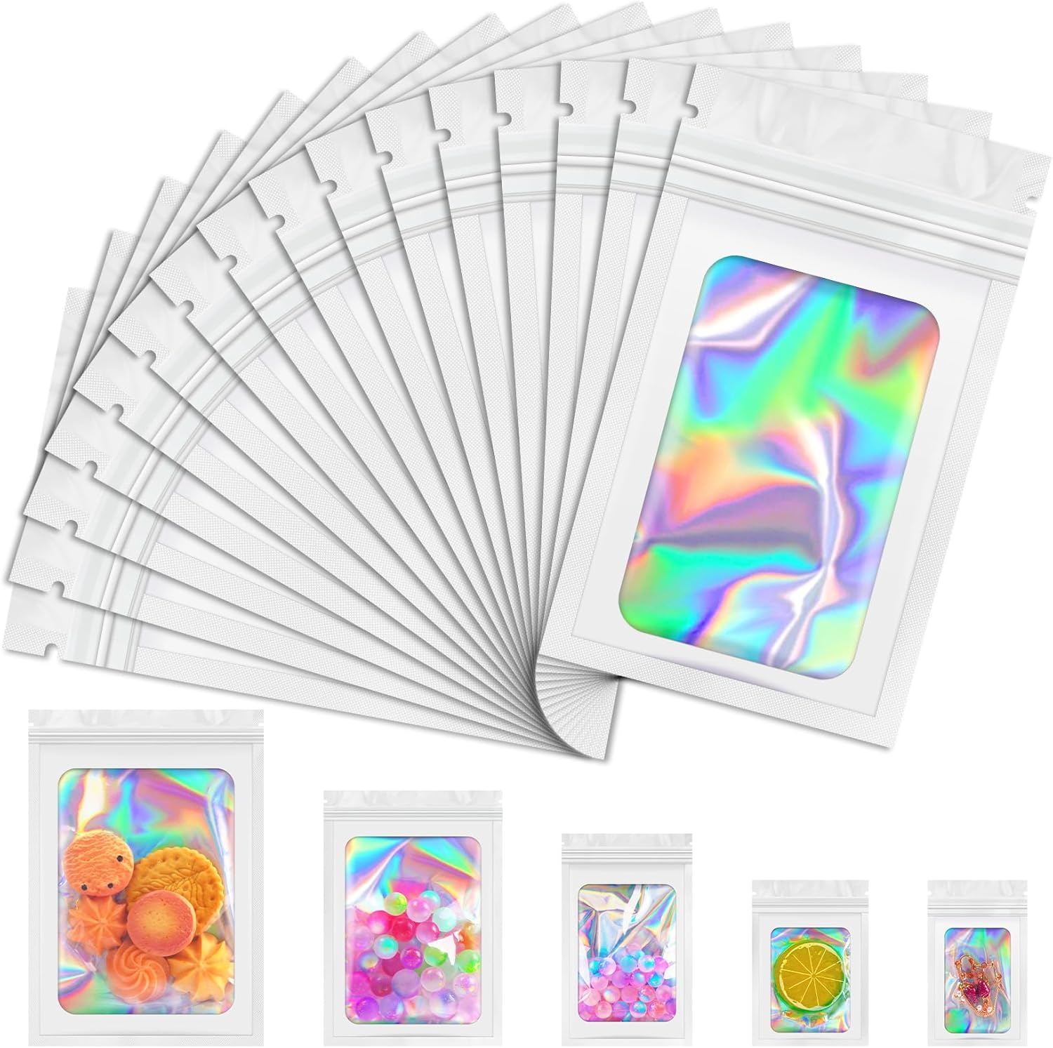 Mylar Bags, 100 PCS Holographic Bags, White Smell Proof Bag with Front Window, Small Business Packaging Supplies, Resealable Bag for Food Storage, Bracelets, Jewelry, Sample （3x5in）