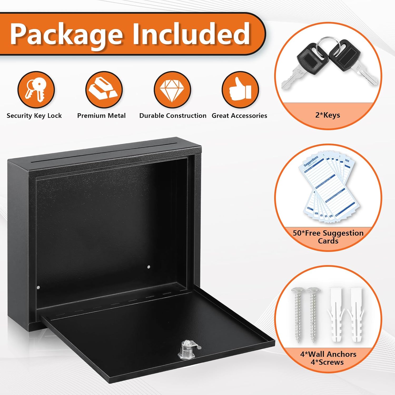 KYODOLED Suggestion Box with Lock and Slot, Wall Mounted Small Mailbox for Office, Key Drop Box with 50 Free Suggestion Cards, Safe Lock Box, Ballot Box, Donation Box, 3W x 10H x 12L Inch, Black