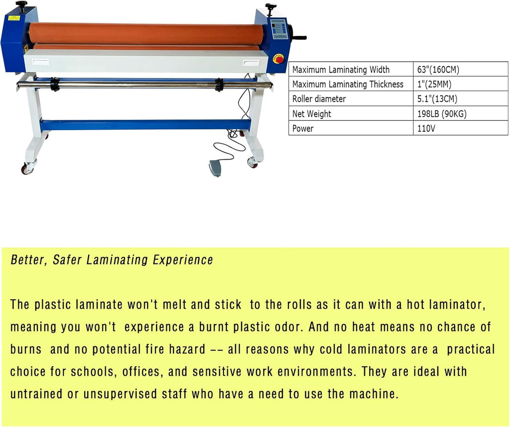 63" Cold Laminator Electric/Manual Laminating Machine Single Sided Cold Laminating Function for Commercial Professional Use 110V