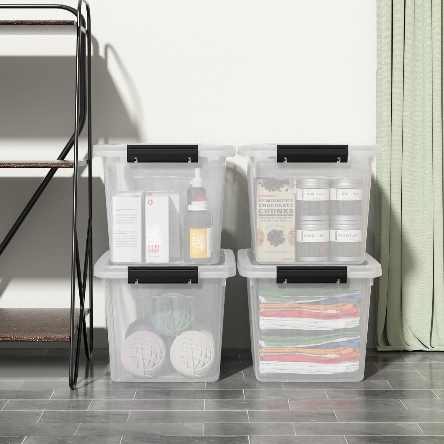 4 Pack Plastic Storage Boxes, Lidded Storage Bins with Handle, 20L, Clear