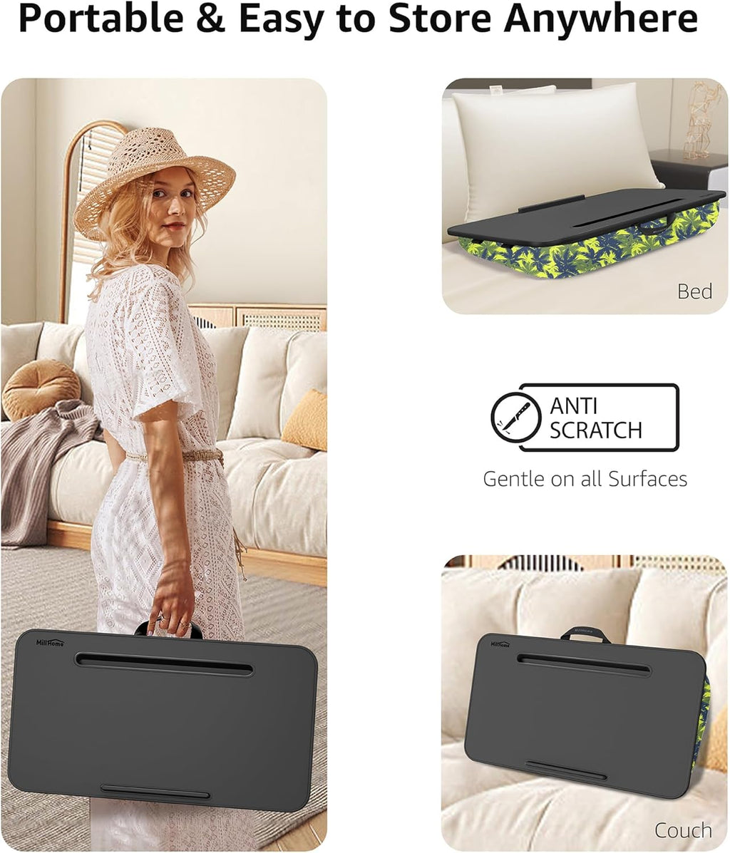Millhome Lap Desk | Portable Laptop Desk – Fits Up to 17.3" Laptops – Detachable & Washable Cushion, Phone Holder, Device Ledge – for Writing, Working, Reading on Bed, Couch, Sofa, Floor – Green Palm