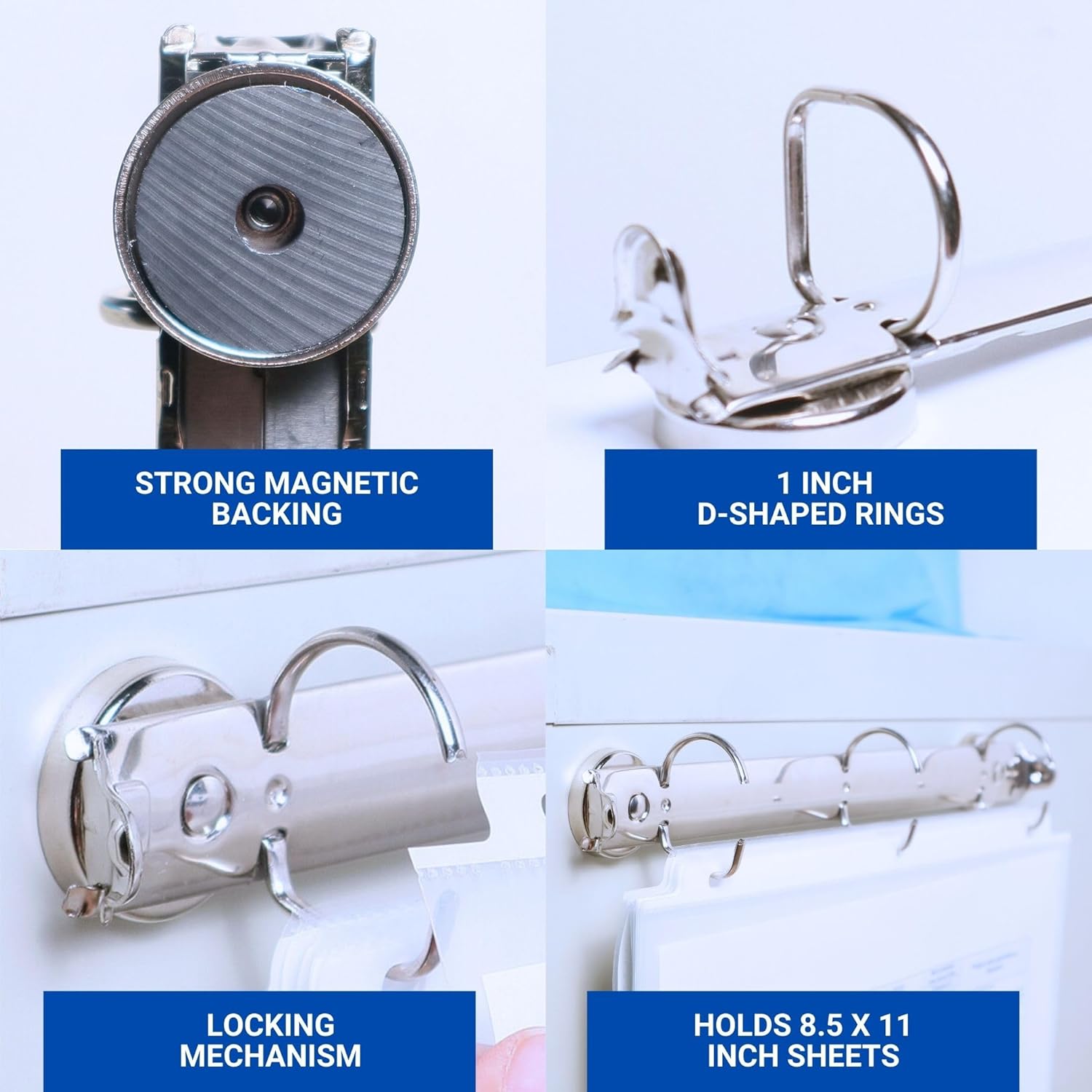 Magnetic 3 Ring Binder Locking Mechanism – 10 Pack – for Hanging 8.5 x 11 Inch Sheets of Paper – 3 Rings – 1 Inch D Shaped Rings – 5S Visual Aid - 50 Sheet Protectors Included