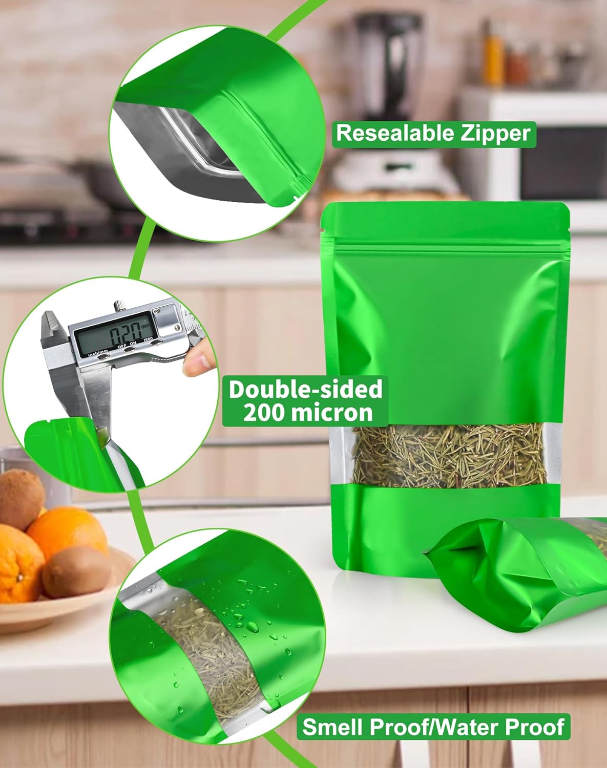 FireKylin 100 Pack Smell Proof Bags, Resealable Bags with Matte Window, Foil Pouch Stand Up Sealable Bags for Packaging（Green,3.5" x 5.1"）