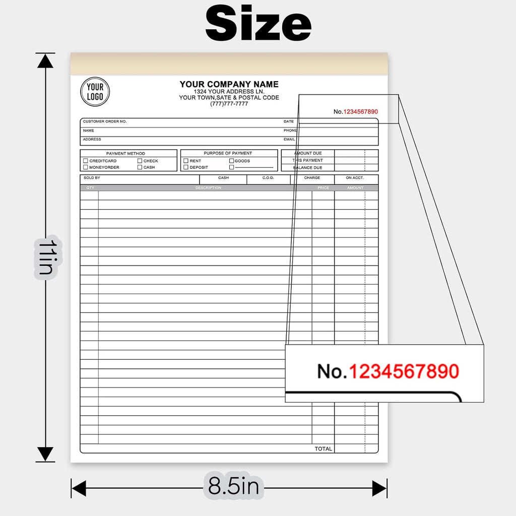 Custom Invoice Receipt Book for Small Business 8.5x11" Personalized 2-Part Contractor Duplicate Carbonless Sales Forms with Company Name Address Phone Number 100 Sets