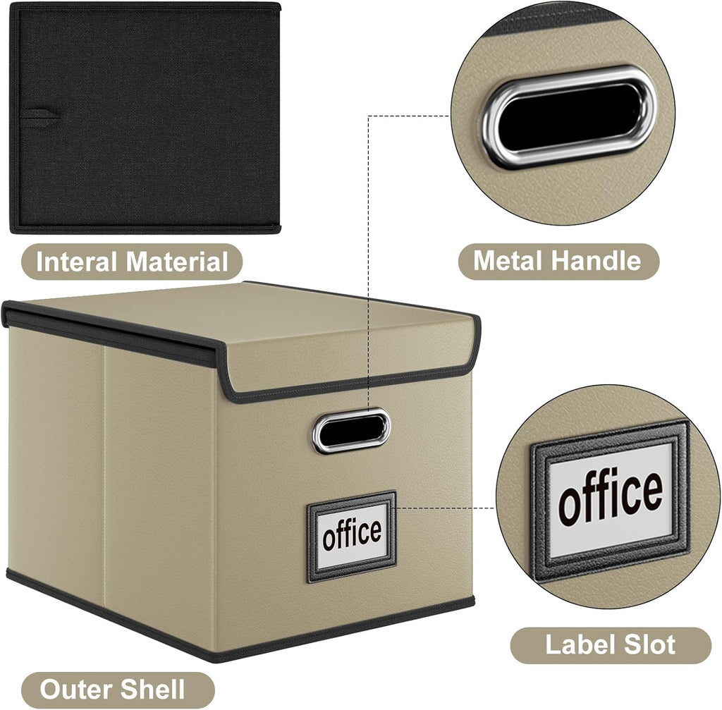 Huolewa File Organizer Boxes with Lids, Collapsible Faux Leather Hanging File Folder Box Organizer with Plastic Slide, Decorative Home/Office Filing System Boxes for File and Folders Storage